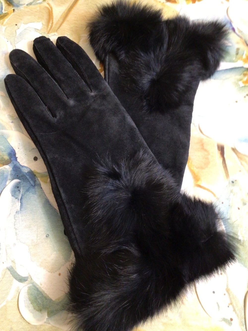 Genuine Suede Leather Black Women’s Gloves with Rabbit Fur Cuffs Size M